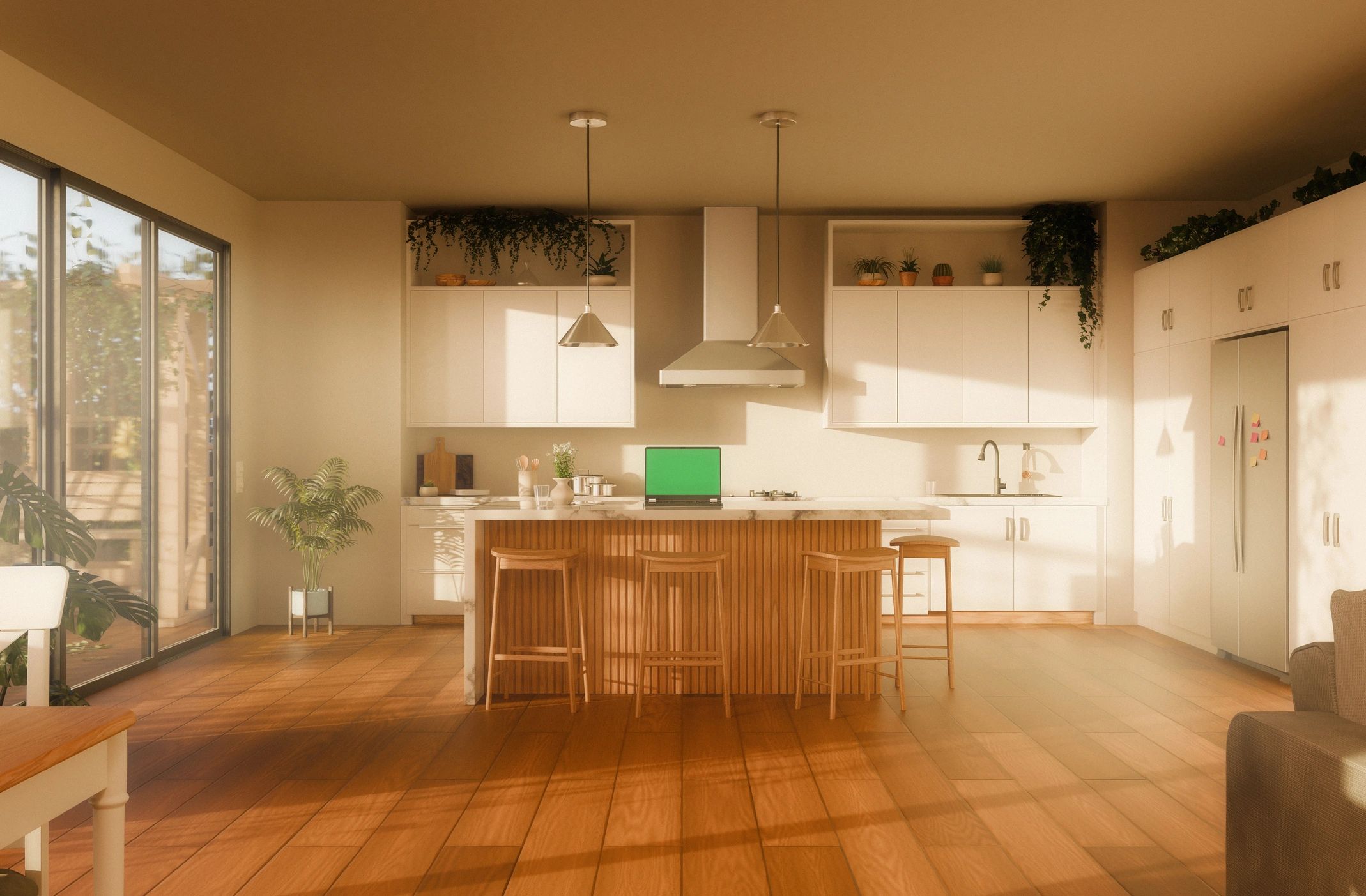 Modern kitchen with laptop, representing intelligent household email and document processing